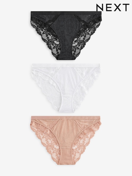 Black/White/Nude High Leg Lace Trim Knickers 3 Pack (B88485) | £26