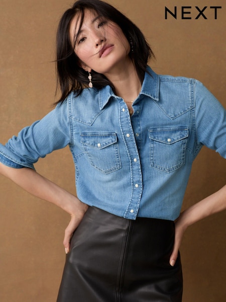 Mid Blue Seam Detail Fitted Denim Western Shirt (B88604) | £36