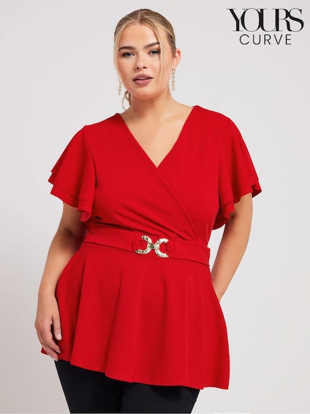 Yours Curve Red Buckle Angel Sleeve Peplum Top (B88700) | £42