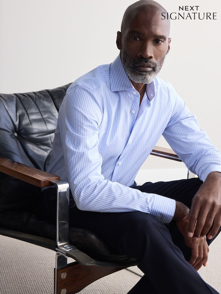 Blue Stripe Slim Fit Signature Single Cuff Texture Pima Cotton Shirt With Cutaway Collar (B88728) | £55