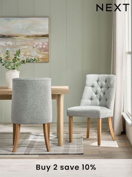 Set of 2 Chunky Weave Mid Grey Wolton Dark Wood Leg Collection Luxe Button Dining Chairs (B88814) | £370