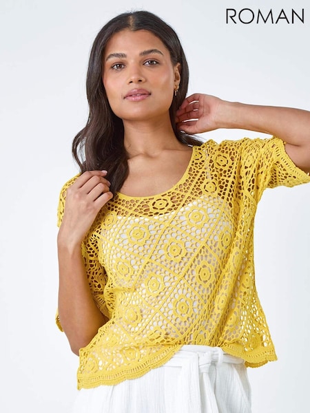 Roman Yellow 100% Cotton Cotton Crochet T-Shirt (B89724) | £34