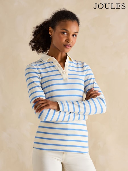 Joules Fairfield Blue Striped Ribbed Long Sleeve Striped Polo Shirt (B89833) | £39.95