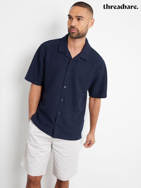 Threadbare Navy Textured Revere Collar Short Sleeve Shirt (B90149) | £26