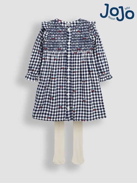 JoJo Maman Bébé Navy Blue Cherry Embroidered Frill Shoulder Smocked Dress & Tights Set (B90523) | £14