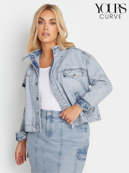 Yours Curve Blue 100% Cotton Denim Biker Jacket (B90645) | £41