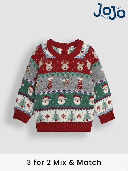 JoJo Maman Bébé Red Knitted Christmas Festive Friends Fair Isle Jumper (B91307) | £15