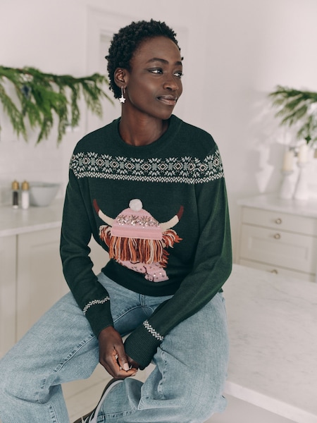 Dark Green Matching Family Womens Christmas Hamish The Highland Cow Jumper with Wool (B91321) | £15