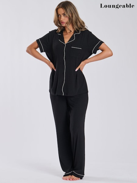 Loungeable Black Short Sleeve and Long Bottom Traditional Pyjama Set (B91789) | £32