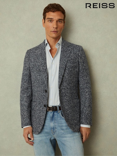 Navy/Grey - Regular Reiss Mineral Tweed Single Breasted Blazer With Wool