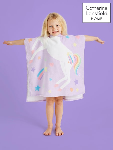 Catherine Lansfield Purple Unicorn Hooded Poncho 100% Cotton Towel (B92453) | £10