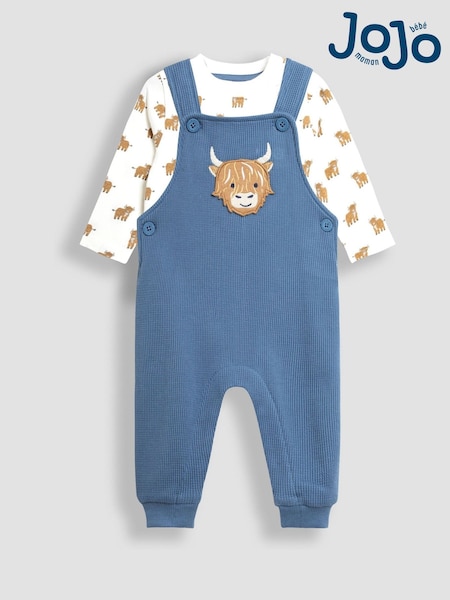 JoJo Maman Bébé Blue Highland Cow Appliqué Dungarees & Print Top Set (B92867) | £28