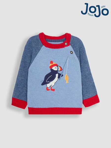 JoJo Maman Bébé Blue Puffin Button Detail Jumper (B92893) | £14