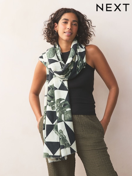 Mono Geometric Leaf Print Midweight Scarf (B93439) | £18