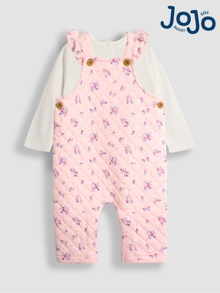 JoJo Maman Bébé Pink Quilted Floral Dungarees & Top Set (B93953) | £27