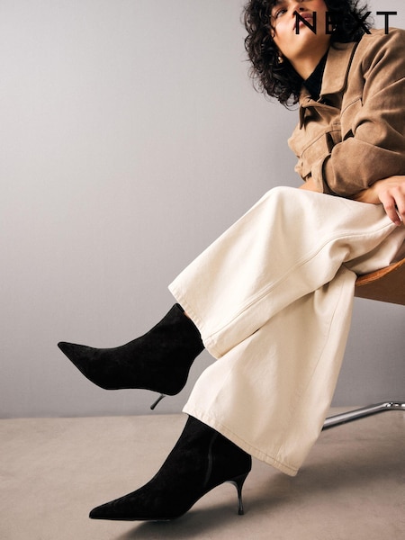 Black Suede Forever Comfort® Pointed Toe Skinny Heeled Ankle Boots (B93968) | £62