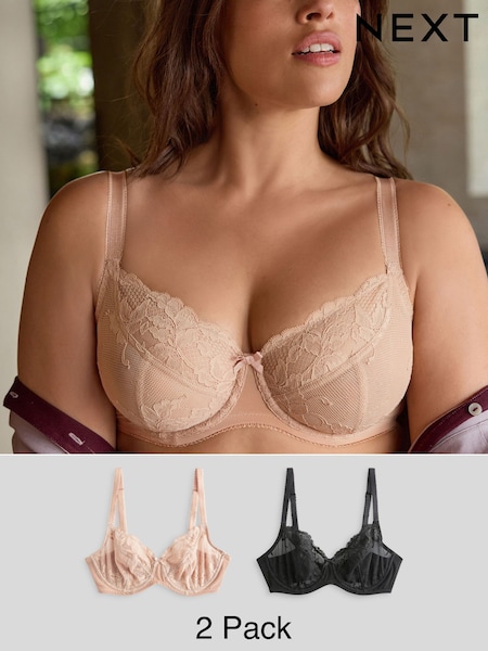 Black/Praline Nude Non Pad Balcony DD+ Lace Bras 2 Pack (B94220) | £30