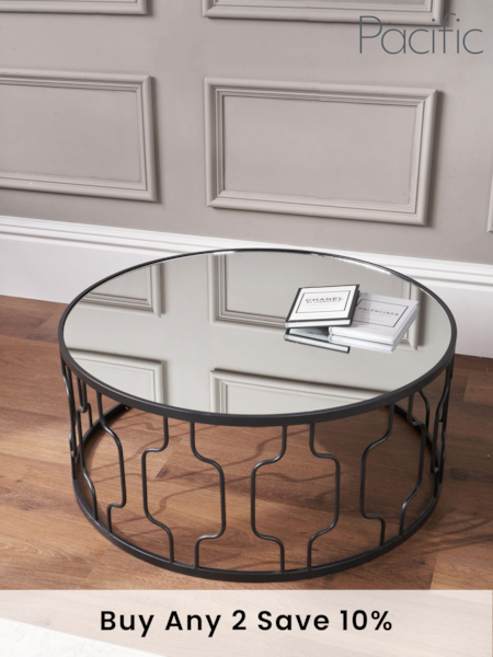 Pacific Black Mirrored Glass and Graphite Round Coffee Table (B94250) | £180