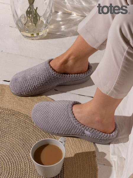 Totes Grey Isotoner Popcorn Terry Mules Slippers (B94639) | £22
