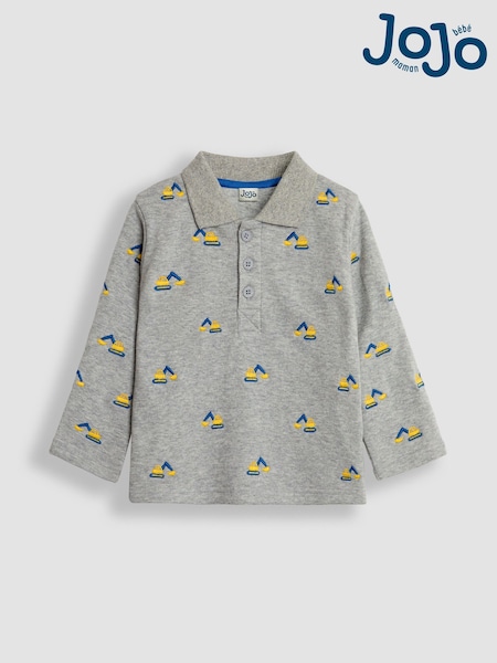 JoJo Maman Bébé Grey Marl Digger Long Sleeve Embroidered Polo Shirt (B94829) | £9.50
