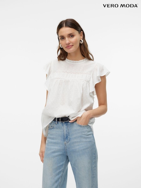 VERO MODA White Dobby Lace Detail Short Sleeve Blouse (B95370) | £25
