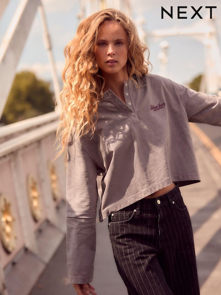 Purple Chest Graphic Relaxed Fit Washed Popper Front Henley Wide Sleeve 100% Cotton Sweatshirt (B95494) | £32