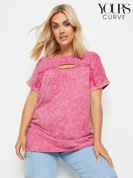 Yours Curve Pink 100% Cotton Acid Wash Cut Out T-Shirt (B95959) | £19