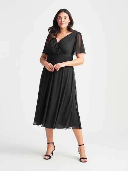 Scarlett & Jo Black Victoria Angel Sleeve Mesh Midi long Dress (B95969) | £0