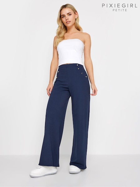 PixieGirl Petite Blue Button Detail Wide Leg Trousers (B96000) | £34