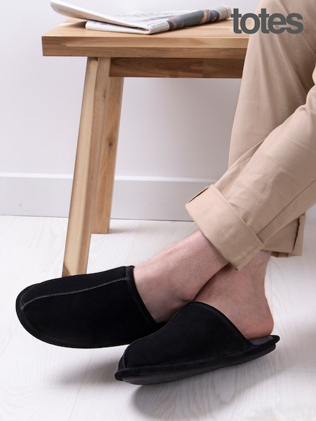 Totes Black Mens Isotoner Real Suede Mules Slippers (B96041) | £35