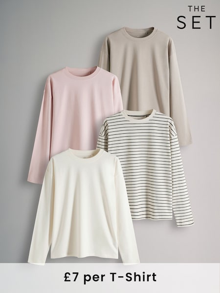 The Set Taupe Brown/Cream/Pink/Black&Cream Stripe 4 Pack Relaxed Long Sleeve T-Shirts (B96689) | £28