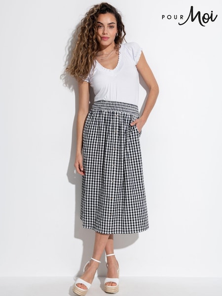 Pour Moi Black Gingham 100% Cotton Deanna Shirred Waist Button Detail Woven Midi Skirt (B96843) | £45