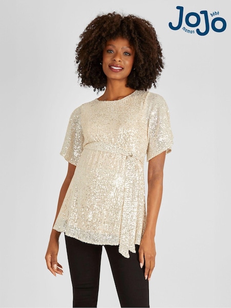 JoJo Maman Bébé Champagne Gold Sequin Maternity Flutter Sleeve Top (B96912) | £42
