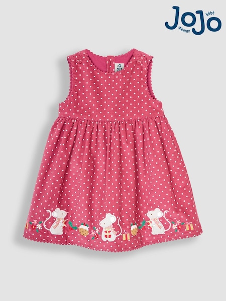 JoJo Maman Bébé Rose Pink Mouse Christmas Appliqué Cord Dress (B97235) | £29
