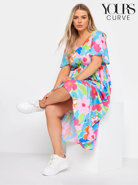 Yours Curve Blue Limited Short Sleeve Bow Back Midaxi Dress (B97245) | £34