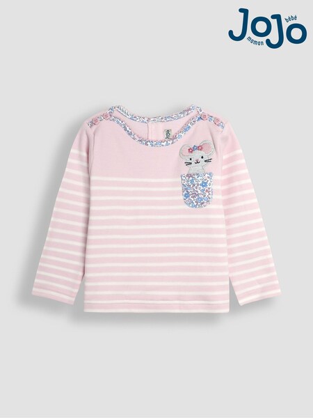JoJo Maman Bébé Pink Mouse Cotton Long Sleeve Pocket Breton Top (B97273) | £12
