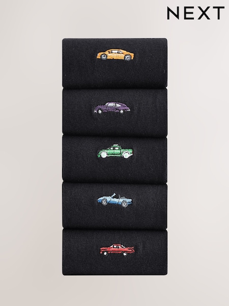Black Cars Fun Embroidered Socks 5 Pack (B97405) | £14