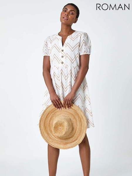 Roman White Zig-Zag Embroidered 100% Cotton Tunic Dress (B97802) | £48