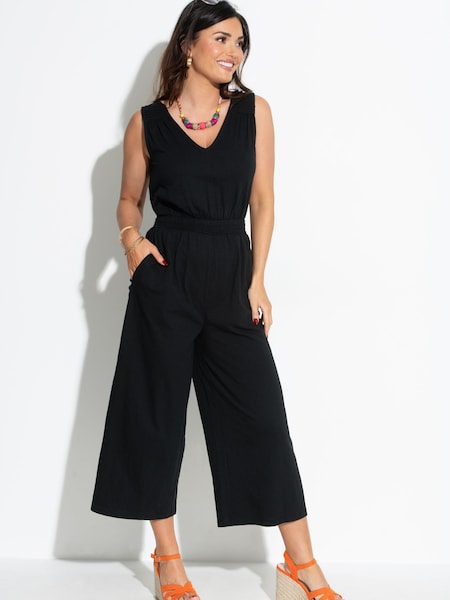 Pour Moi Black Maya 100% Cotton Slub Jersey Built Up Cropped Leg Jumpsuit (B98168) | £39