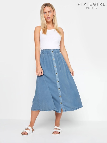 PixieGirl Petite Blue Button Front Midi Skirt (B98550) | £27