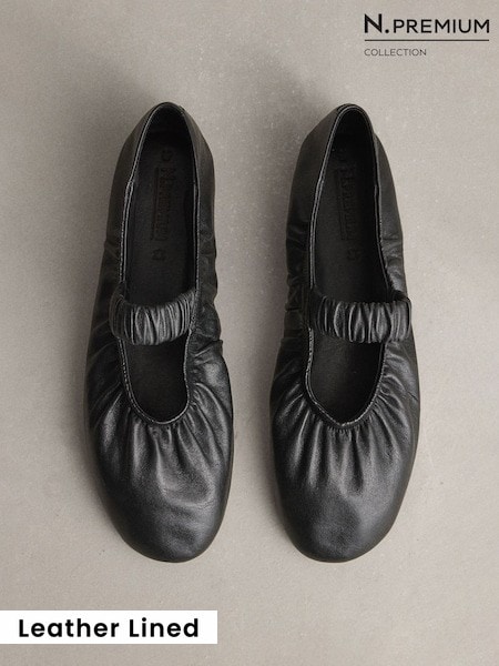 Black - N. Premium Leather Ruched Mary Janes Shoes