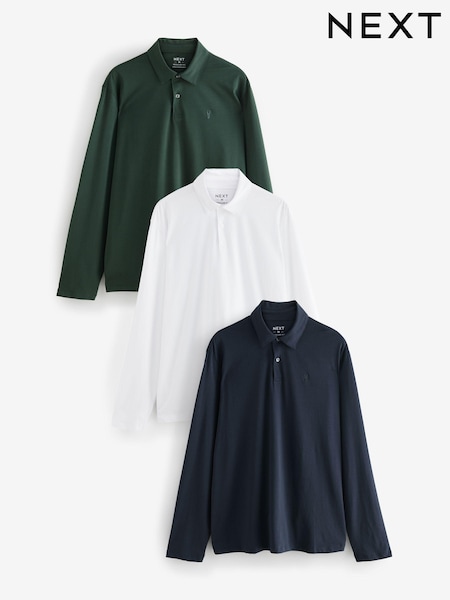Navy/Green/Grey Regular Fit Long Sleeve Jersey Polo Shirts 3 Pack (B99140) | £45