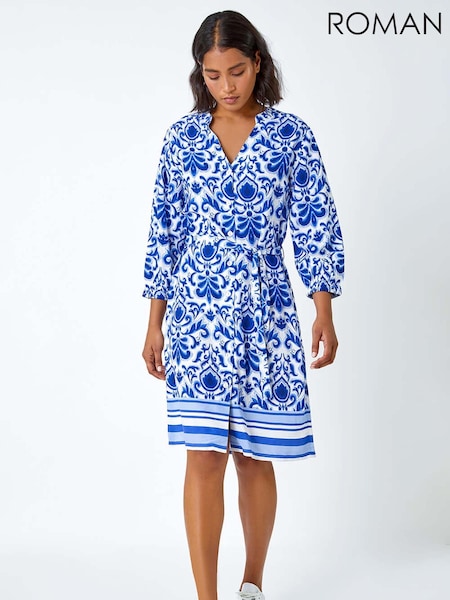 Roman Blue Abstract Border Print Shirt Dress (B99179) | £42