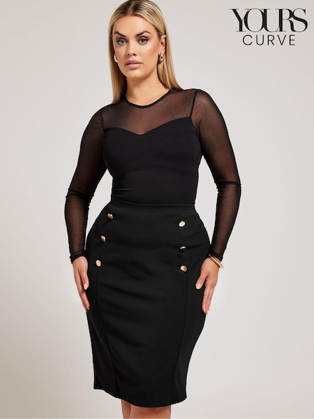 Yours Curve Black London Button Detail Midi Skirt (B99832) | £39