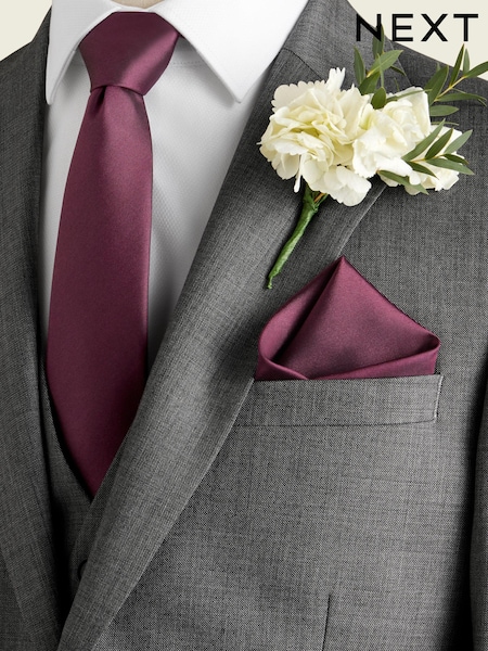 Burgundy Red Silk Tie And Pocket Square Set (C00616) | £28
