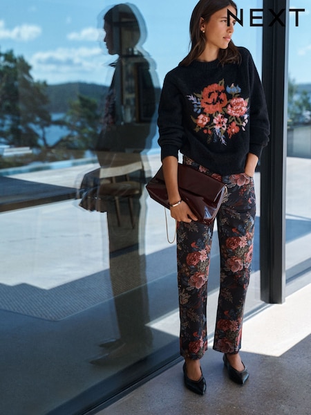 Black Tapestry Floral - Authentic High Rise Straight Leg Jeans
