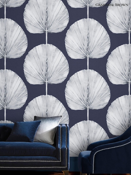 Graham & Brown Blue Palm Fan Navy 10M Wallpaper (C02826) | £85