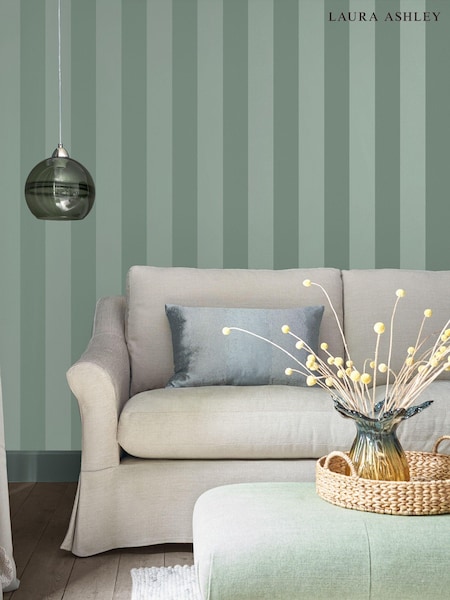 Laura Ashley Jade Green Lille Pearlescent Stripe 10M Wallpaper (C04135) | £48