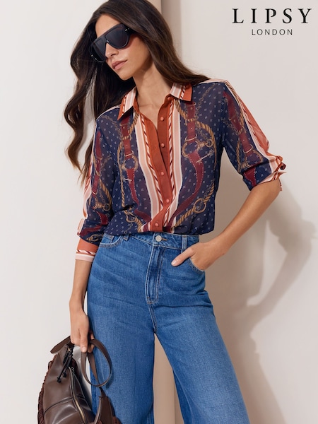 Navy Chain Print - Lipsy Chiffon Printed Shirt