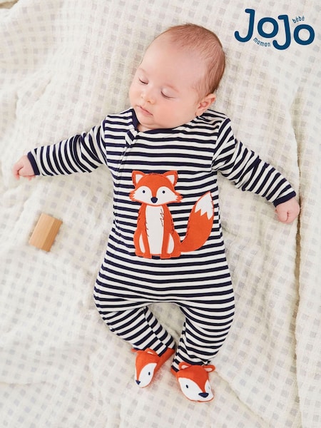 JoJo Maman Bébé Navy Blue Ecru Cream Stripe Fox Appliqué Zip Cotton Baby Sleepsuit (C09716) | £21